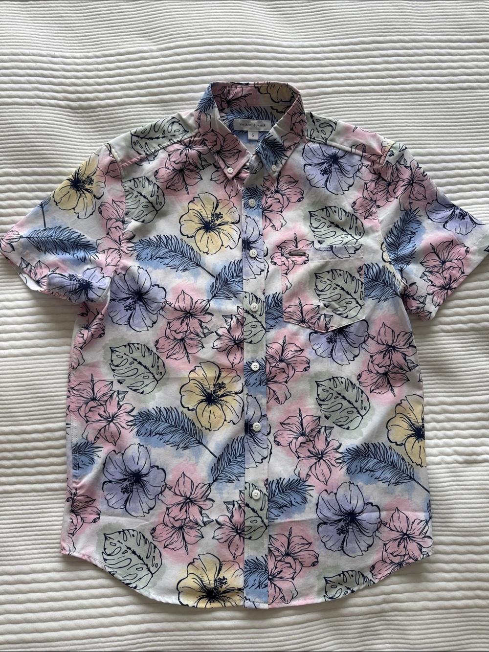 Men's Short-Sleeve Floral Button-Down Shirt - Pastel Pink/Blue/Yellow